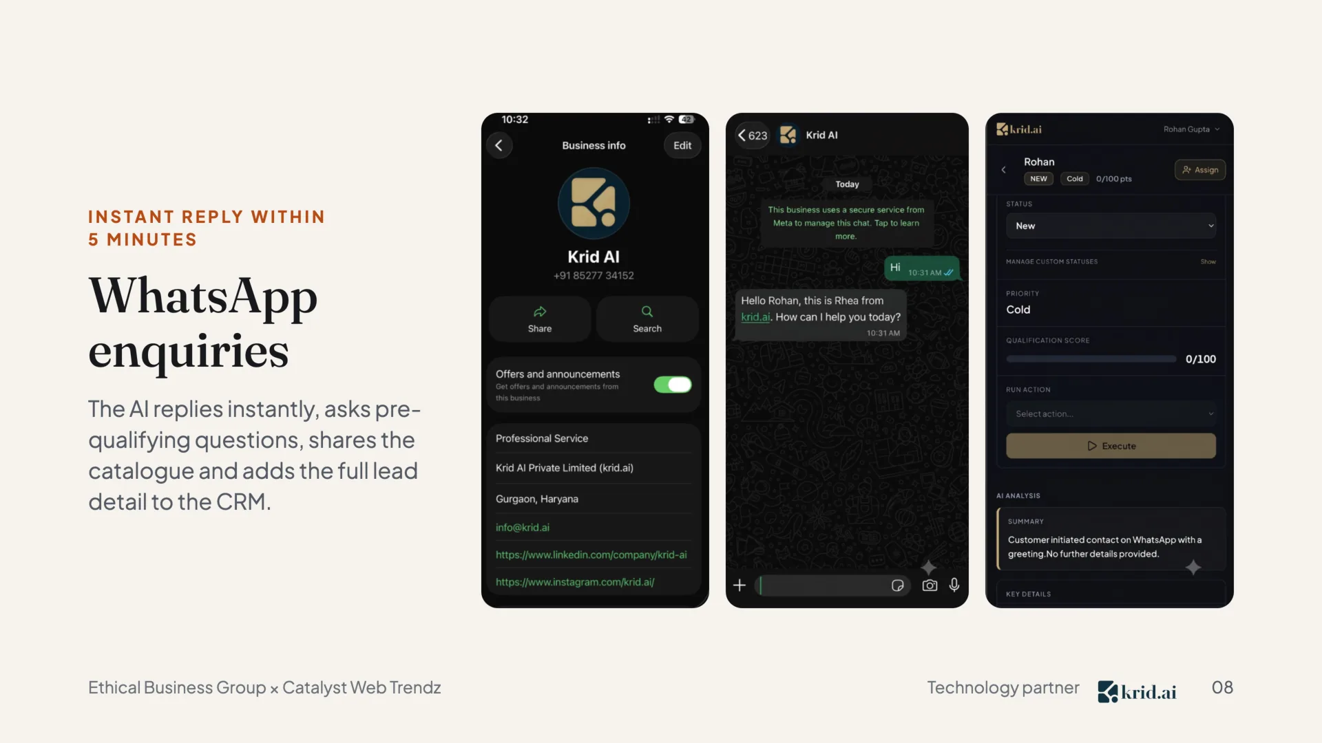 Instant reply within 5 minutes WhatsApp enquiries The AI replies instantly, asks pre- qualifying questions, shares the catalogue and adds the full lead detail to the CRM.