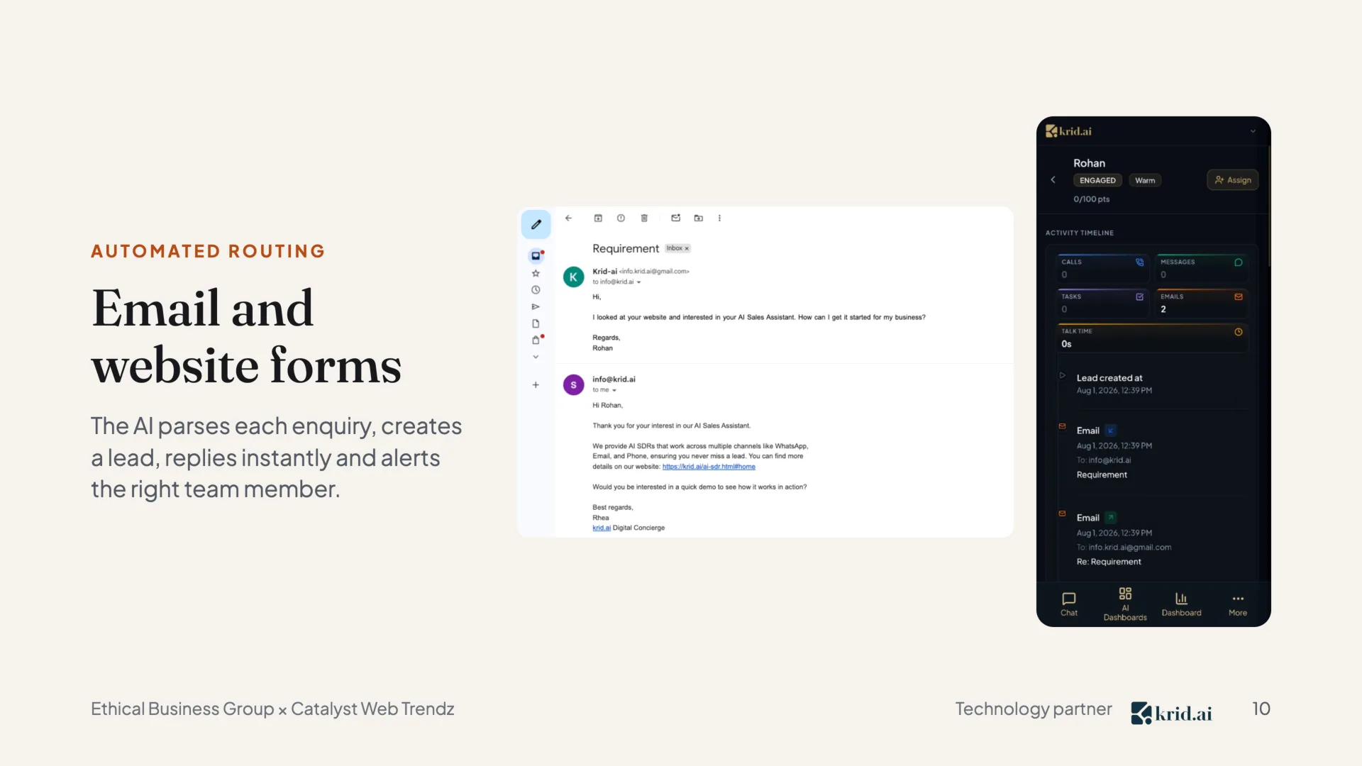 Automated routing Email and website forms The AI parses each enquiry, creates a lead, replies instantly and alerts the right team member.